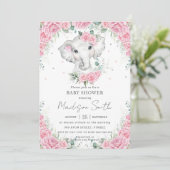 Invitation Roses roses roses Floral Cute Elephant Baby shower (Debout devant)