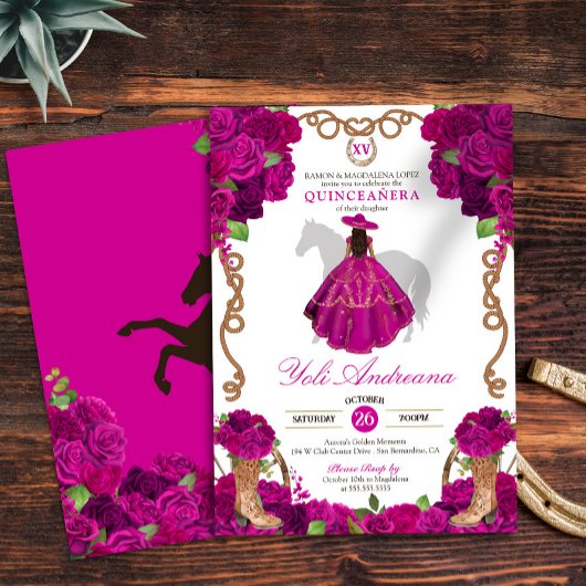 Invitation Roses roses roses Fuchsia Ouest Charro Quinceañera
