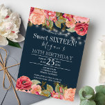 Invitation Roses roses roses or lampes cordes bleu marine dou<br><div class="desc">Luxe élégant vintage style romantique sweet sixteen invitation modèle avec rose rousse et pêche tourbée or roses et fleurit bordures et cordes rustiques or ou des lumières scintillantes sur un arrière - plan de plateau bleu minuit. — L'invitation est adapté pour les soirées de printemps ou d'été, les fêtes de...</div>