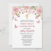 Invitation Roses roses roses Papillons Floral Première Sainte (Devant)