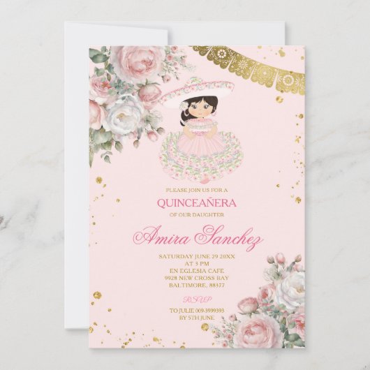 Invitation Roses roses roses Parties scintillant or espagnol  (Devant)