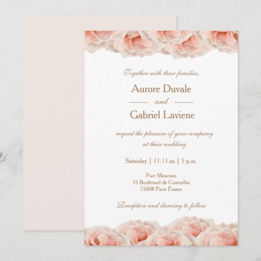 Invitation Roses Roses Roses Rose Flore Or Blanc Élégant Mari (Devant / Derrière)