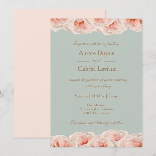 Invitation Roses Roses Roses Rose Flore Sage Or Mariage éléga (Devant / Derrière)