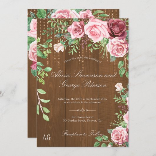 Invitation Roses roses roses rustiques Monogramme Mariage en  (Devant / Derrière)