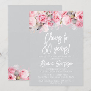 Invitation Roses roses roses sur Fleurs grises Floral 80e ann