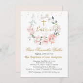 Invitation Roses roses roses Verdure Feuillage Croix Baptême (Devant / Derrière)