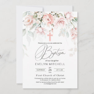 Invitation Roses roses roses Verdure Feuillage Croix Baptême 