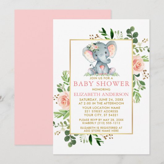 Invitation Roses roses roses vertes Eléphant Baby shower Or (Devant / Derrière)