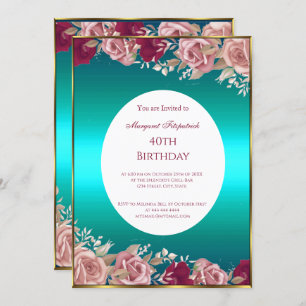 Invitation Roses roses rouges Turquoise Vert Blanc Anniversai