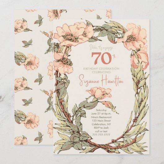 Invitation Roses roses surprennent Floral 70e anniversaire (Devant / Derrière)