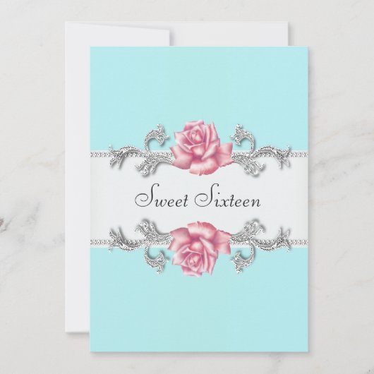 Invitation Roses roses Turquoise Sweet sixteen bleu fête d'an (Devant)