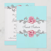 Invitation Roses roses Turquoise Sweet sixteen bleu fête d'an (Devant / Derrière)