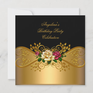 Invitation Roses Rouge Rose Crème Noir Or Fête d'anniversaire