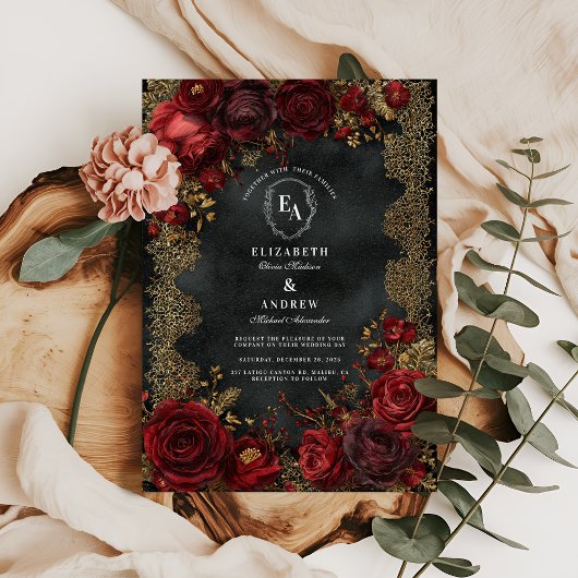 Invitation Roses rouges antiques avec dentelle gothique