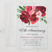Invitation Roses rouges aquarelle Rustique 40e anniversaire (Devant / Derrière)