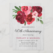 Invitation Roses rouges aquarelle rustiques 40e anniversaire (Devant / Derrière)
