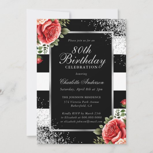 Invitation Roses Rouges Argent Noir Confetti 80e anniversaire (Devant)