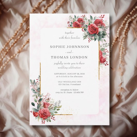 Invitation Roses rouges avec cadre or mariage