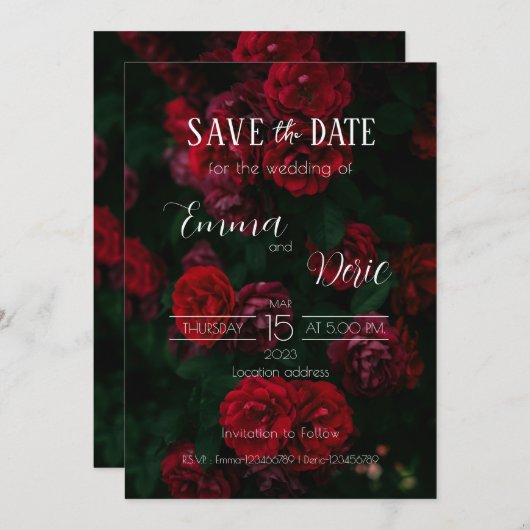 Invitation Roses rouges avec textes blancs Enregistrer la dat (Devant / Derrière)