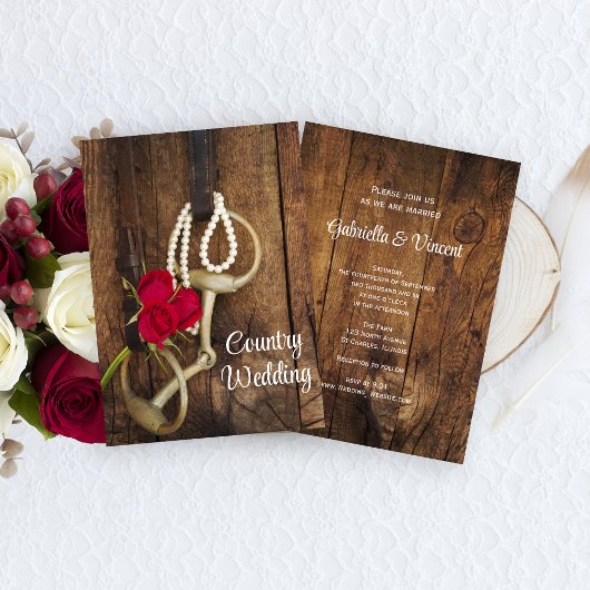 Invitation Roses rouges, Bit de cheval et Mariage campagnard 