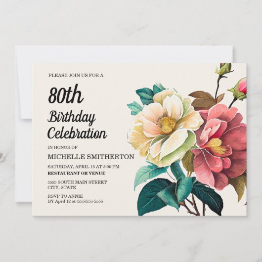Invitation Roses Rouges Blanches 80e Anniversaire (Devant)