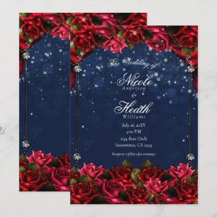 Invitation Roses Rouges Bleu Marine Or Enchanté Floral Mariag