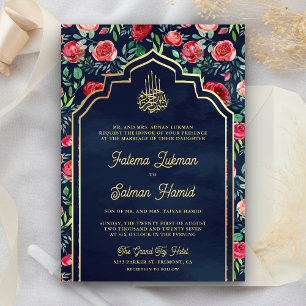 Invitation Roses rouges Bleu marine Or Floral Mariage Musulma