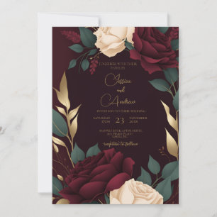 Invitation Roses rouges bordeaux florales crème Luxe Mariage