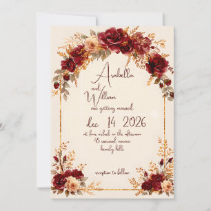 Invitation Roses rouges bordeaux profond de luxe arche dorée