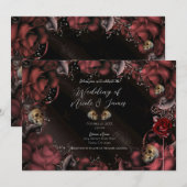 Invitation Roses rouges bordeaux rouillées et crânes de maria (Devant / Derrière)