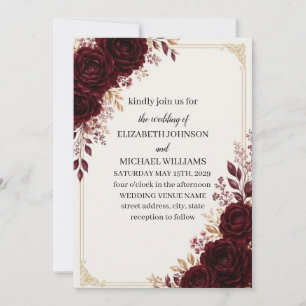 Invitation Roses Rouges Bourgogne Cadre Doré Mariage Élégant