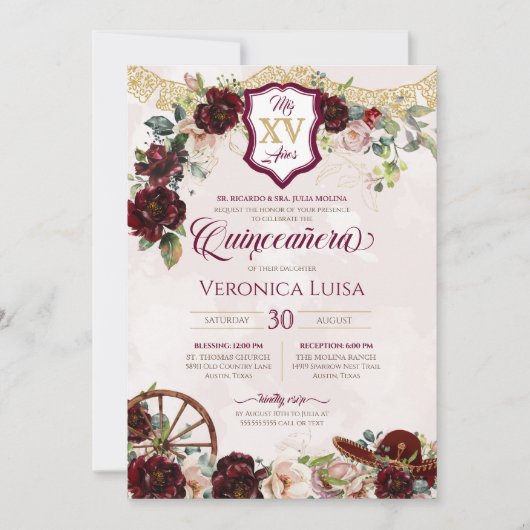 Invitation Roses Rouges Bourguignonnes Elégant Charro Quincea (Devant)