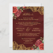 Invitation Roses Rouges Broderie Dorée Code QR Mariage Musulm (Devant)