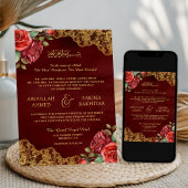 Invitation Roses Rouges Broderie Dorée Code QR Mariage Musulm