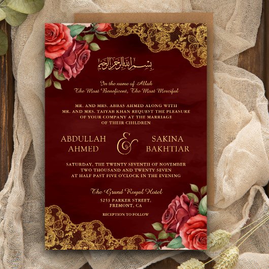 Invitation Roses Rouges Broderie Dorée Code QR Mariage Musulm