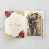 Invitation Roses Rouges Broderie Dorée Crème Code QR Photo Ma (Intérieur)