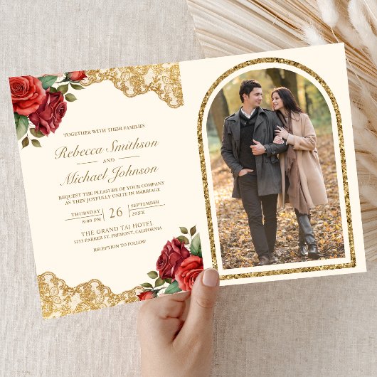 Invitation Roses Rouges Broderie Dorée Crème Code QR Photo Ma