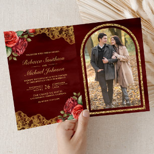 Invitation Roses Rouges Broderie Or Mariage Code QR Photo