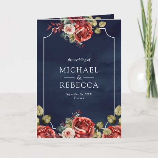 Invitation Roses Rouges Cadre Floral Code QR Bleu Nuit Mariag (Devant)