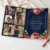 Invitation Roses Rouges Cadre Floral Code QR Bleu Nuit Mariag