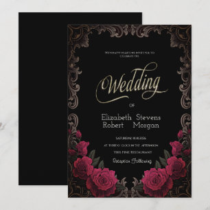 Invitation Roses Rouges Cadre Vintage Mariage Gothique