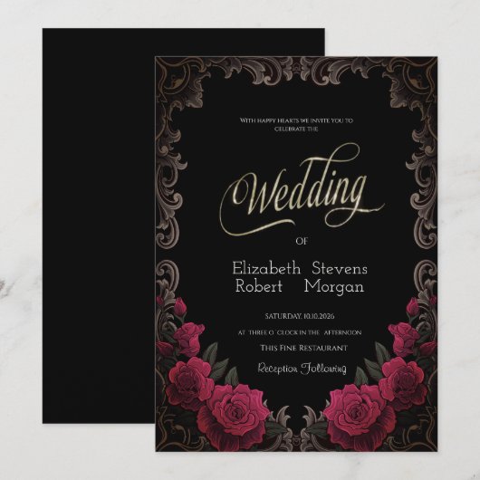 Invitation Roses Rouges Cadre Vintage Mariage Gothique (Devant / Derrière)