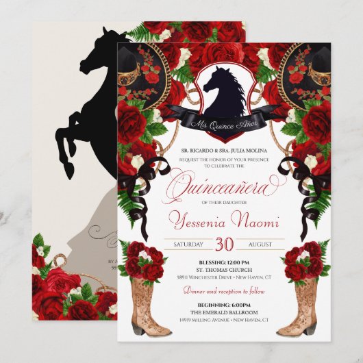 Invitation Roses rouges Cheval Crest Elegant Charro Quinceane (Devant / Derrière)