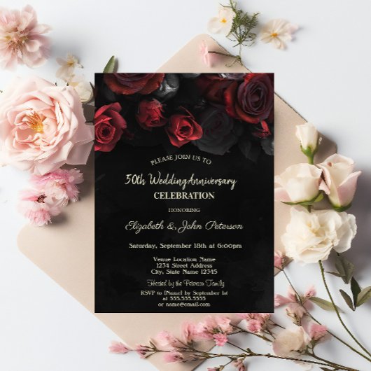Invitation Roses Rouges Chic sur Mariage Anniversaire Noir