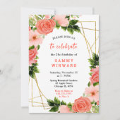 Invitation Roses rouges corail avec feuillage (Devant)