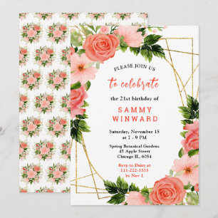 Invitation Roses rouges corail avec feuillage
