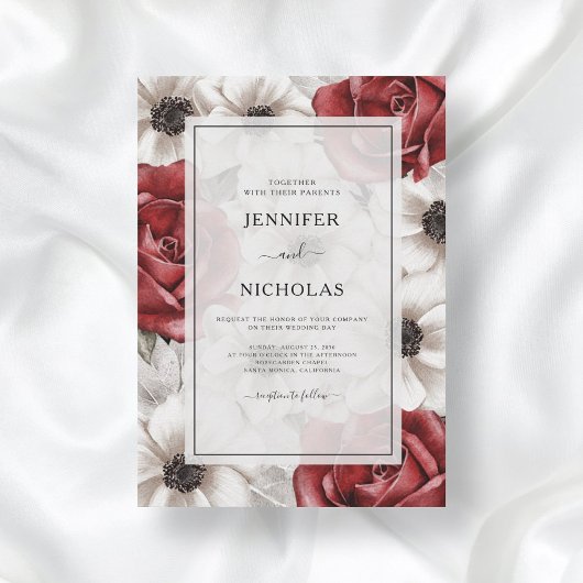 Invitation Roses rouges de Bourgogne blanc Anémone Mariage fl
