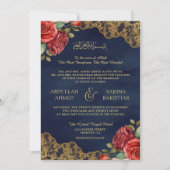 Invitation Roses Rouges Dentelle Dorée Code QR Mariage Musulm (Devant)