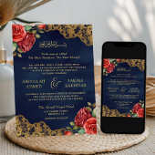 Invitation Roses Rouges Dentelle Dorée Code QR Mariage Musulm