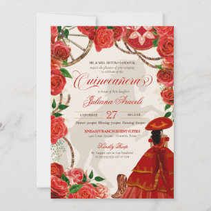 Invitation Roses rouges Elégant Charro Mariachi Quinceañera